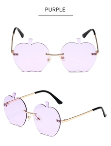 Détails des lunettes de soleil sans monture en forme de pomme violette avec métal doré