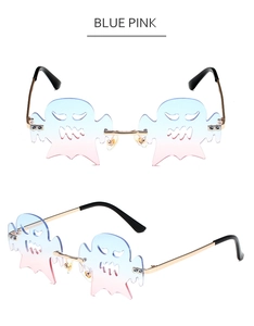 Randlose Sonnenbrille in Geisterform mit blau-rosa Verlaufsgläsern und Metallbügeln