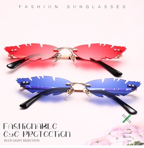 Detail of unique flame-shaped rimless lenses in red and blue with blue light protection