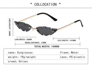 Detailed size parameters and macro view of gold-temple leaf-shaped rimless sunglasses