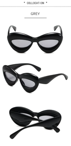 Vues détaillées de lunettes de soleil œil-de-chat noires à verres gris sous divers angles