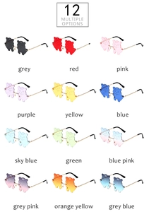 Overview of twelve colorful cartoon-shaped rimless sunglasses with gold metal temples