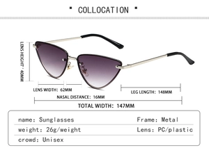 Paramètres de taille détaillés des lunettes de soleil œil de chat aux verres dégradés violets