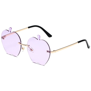Lunettes de soleil sans monture en forme de pomme avec verres violets et monture dorée