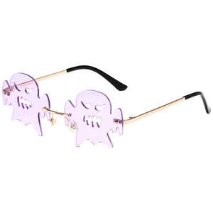 Randlose Sonnenbrille in Geisterform mit lila Gläsern und Goldmetallrahmen für Partys
