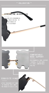 Detailed views of bear-shaped sunglasses featuring metal temples and silicone nose pads