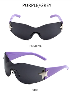 Vues détaillées de lunettes Y2K sans monture avec étoiles argentées en violet et gris
