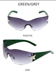 Détail des lunettes de soleil sans monture à dégradé gris et étoile argentée latérale