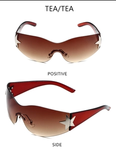 Détail de lunettes de soleil sans monture thé avec décor d'étoile argentée et verre courbé