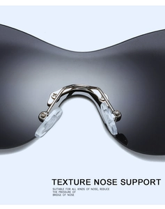 Détail des plaquettes de nez confortables et du pont métallique sur lunettes de soleil