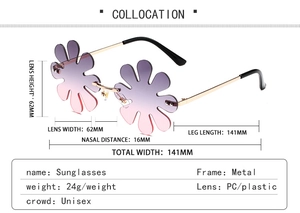 Detailed size chart for rimless flower shaped sunglasses with purple gradient lenses