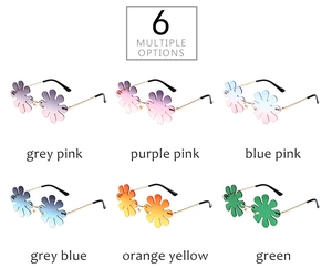 Detail view of flower-shaped rimless sunglasses in six vibrant gradient color options
