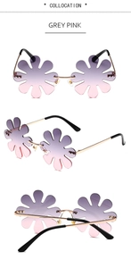 Three-angle view of rimless flower-shaped sunglasses with grey pink gradient lenses