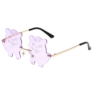 Creative cartoon tiger shaped rimless sunglasses with purple lenses and gold metal frame