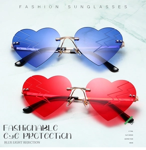 Detail of rimless heart-shaped sunglasses with lightning bolts in blue and red lenses