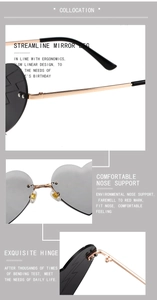 Detailed views of ergonomic temples, comfy nose pads and durable hinges on heart sunglasses