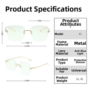 Detailed dimensions of rimless blue light glasses with gold metal frame and dimensions
