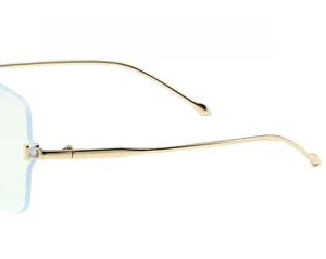 Detail view of elastic gold metal temples on rimless blue light blocking glasses