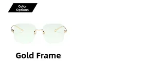 Detail of trendy rimless blue light glasses with gold metal frames and light green lenses