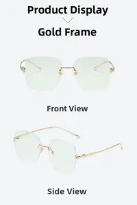 Front and side view of gold metal rimless blue light blocking glasses for women
