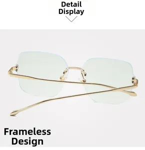 Detailed close-up of rimless glasses with light blue lenses and slim golden metal temples