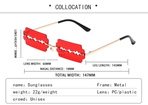 Detailed dimension guide for razor blade sunglasses with gold metal frame and red lens