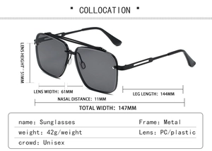 Detailed dimensions of double-bridge pilot sunglasses with black metal frame and PC lenses