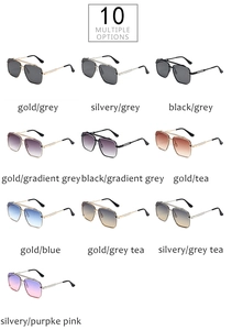 Matrix display of square metal sunglasses in ten assorted lens colors and frames