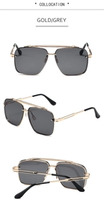 Detailed views of gold metal aviator sunglasses with grey lenses from multiple angles