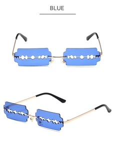 Detailed views of razor blade shaped rimless sunglasses with blue lenses and gold metal frames