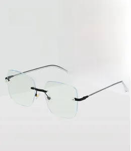 Detail of rimless blue light blocking glasses featuring elegant pearl temple accents