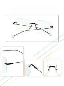 Detail view of rimless anti-blue light glasses showing metal hinges and soft nose pads