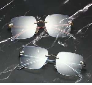 Close-up of rimless square glasses featuring blue light lenses and pearl-embedded edges