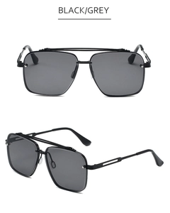 Close-up of square metal sunglasses with double bridge design and hollowed-out temples