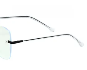 Detail of rimless glasses with silver metal flexible temples and pearl accents