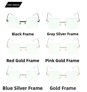 Six color options for rimless anti-blue light glasses including black and gold metallic finishes