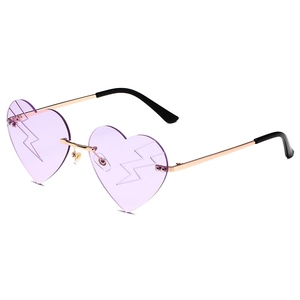 Frameless heart shaped sunglasses with lightning pattern and purple lenses on gold frame