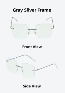 Detailed front and side views of gray silver rimless glasses with pearl accents