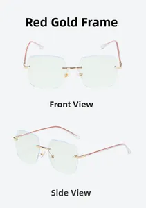 Frameless anti-blue light glasses with red and gold temples featuring pearl hinges