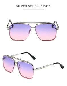 Macro detail of silver double bridge metal sunglasses with purple pink gradient lenses