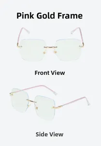 Detail of rimless square blue light glasses in rose gold with pearl temple accents