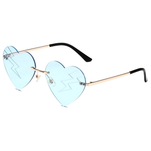 Frameless heart shaped sunglasses with blue lightning lenses and gold metal temples