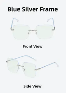 Front and side view of rimless light blue glasses with silver metal and pearl temples
