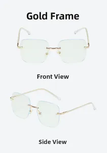 Detail view of gold rimless anti-blue light glasses with elegant pearl temple accents