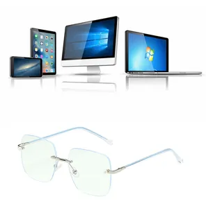 Detail of rimless blue light blocking glasses with light blue temples and pearl accents