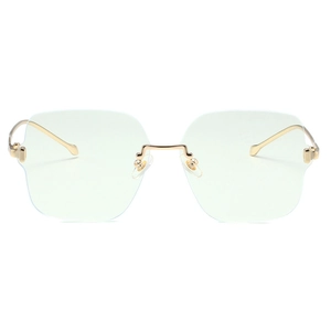 Fashionable rimless blue light blocking glasses with gold metal frame and green lenses