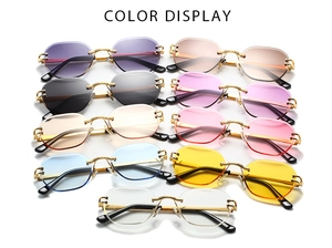 Detailed color display of rimless metal sunglasses with nine assorted tinted lenses