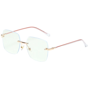 Rimless square blue light glasses with gold metal frame and pearl accents on white background