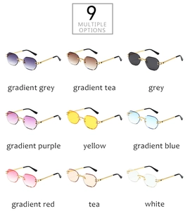 Nine color options of rimless hexagonal sunglasses with gold metal frames and gradient lenses