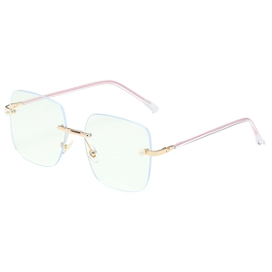 Frameless anti-blue light glasses with gold temples and pearl accents on white background
